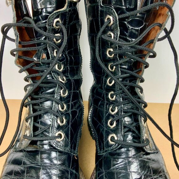 Cesare Paciotti Y2K Black Leather Embossed Croc Lace Up Combat Boots Sz 7 - Picture 12 of 16